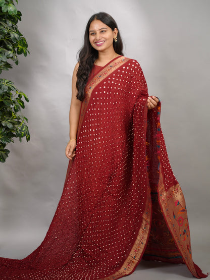Maroon Handcrafted Bandhani Paithani Dola Silk Saree | Looms & Tassels