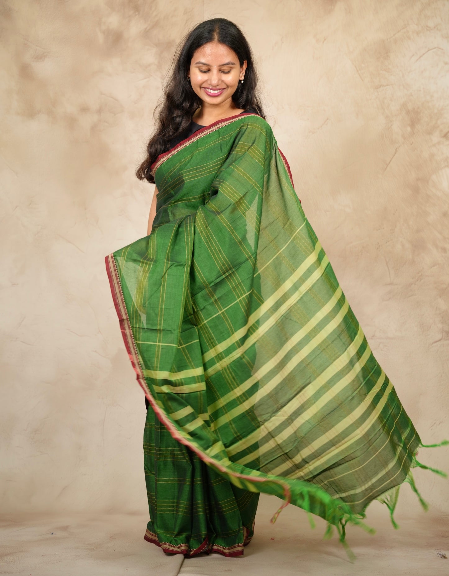 Green Narayanpet Cotton Saree lines weaving | Looms & Tassels