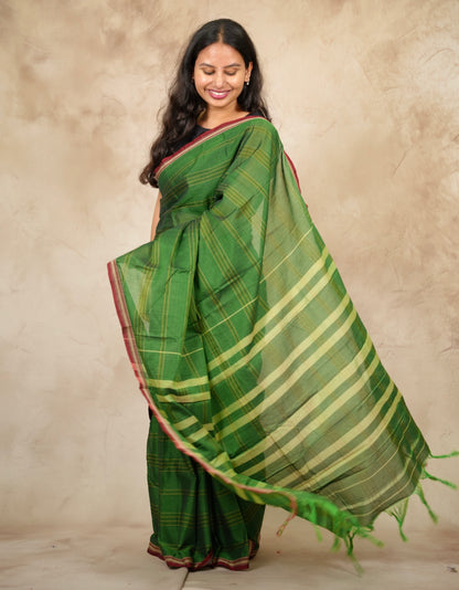 Green Narayanpet Cotton Saree lines weaving | Looms & Tassels