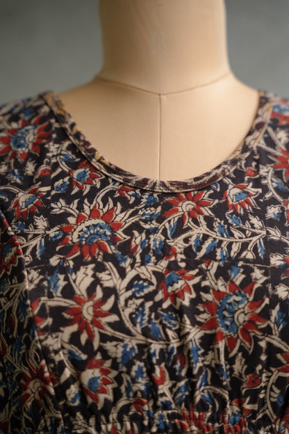 Black Round Neck Stretchable Hand block printed kalamkari blouse