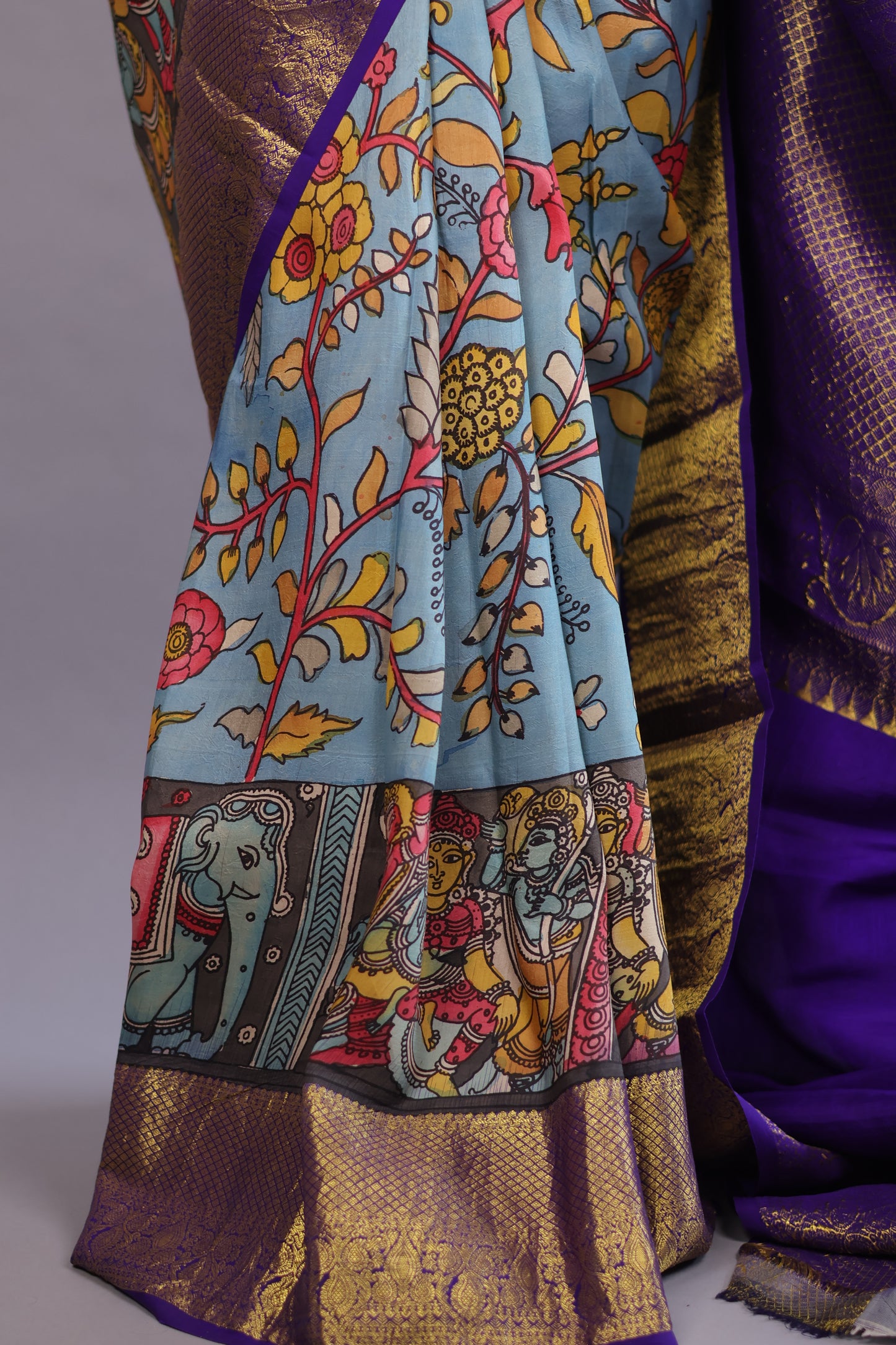 Blue Kanchi Pattu Hand Painted Pen Kalamkari Saree