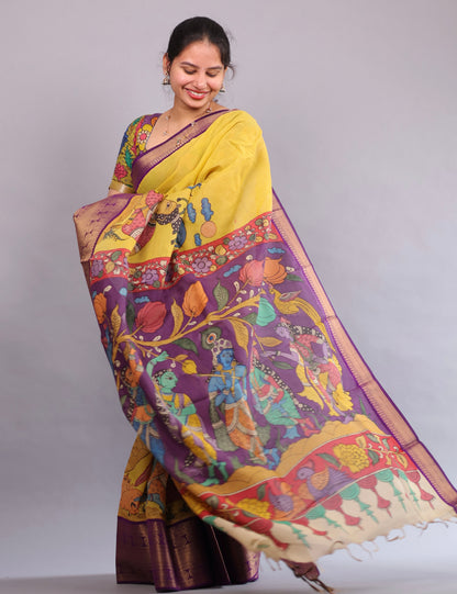 Yellow Hand Painted Pen Kalamkari Silk Saree
