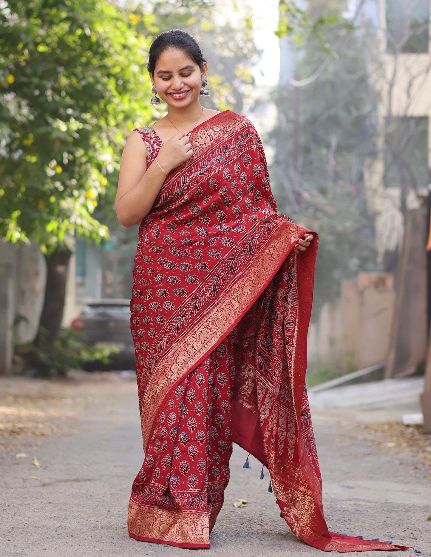 Red Ajrakh Dola Silk Saree