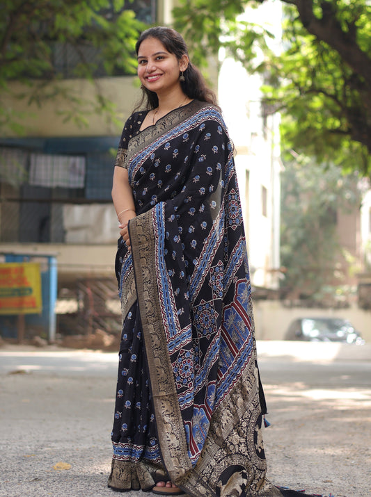 Ajrakh Dola Silk Saree