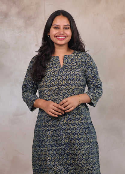 Indigo Ajrakh Hand Block Printed Kurti | Looms & Tassels