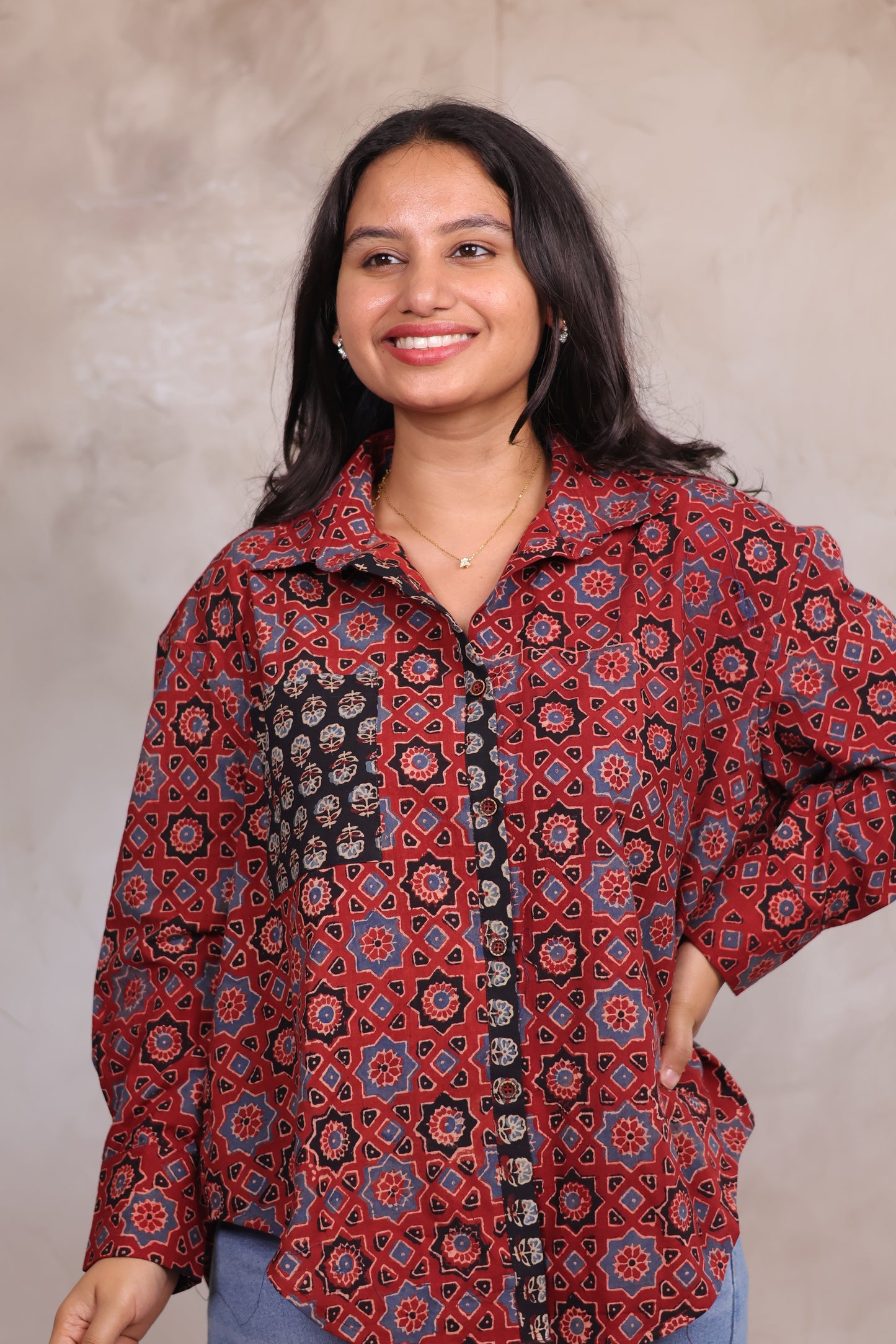 Red Ajrakh Handblock Printed Patch Work Shirt (Pure Cotton ) | Looms & Tassels