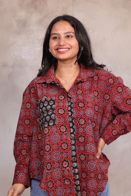 Red Ajrakh Handblock Printed Patch Work Shirt (Pure Cotton ) | Looms & Tassels