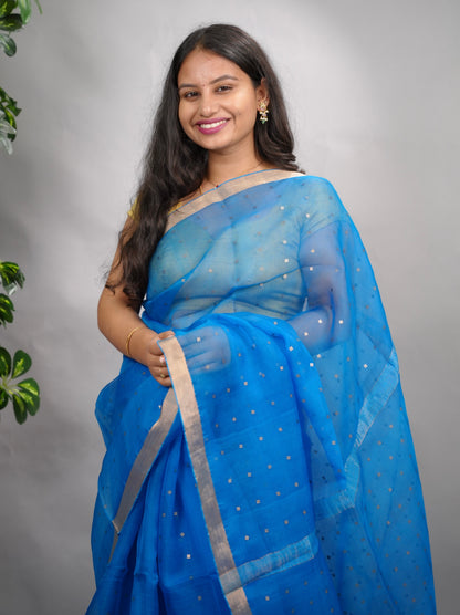 Blue Handwoven Muslin Silk Saree With Sequence Work | Looms & Tassels
