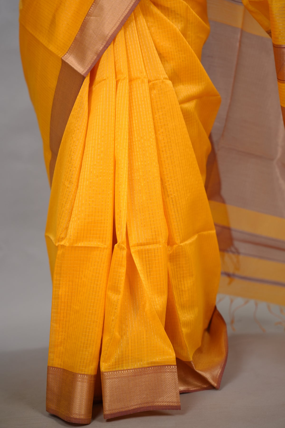 Yellow Checks Handloom Maheswari Silk Cotton Sarees | Looms & Tassels