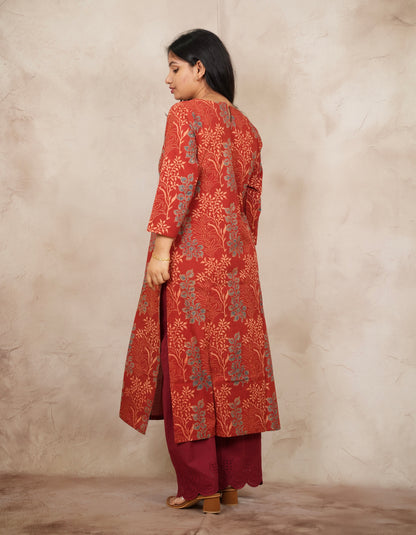 Red Ajrakh Pattern Hand Block printed Kurti | Looms & Tassels