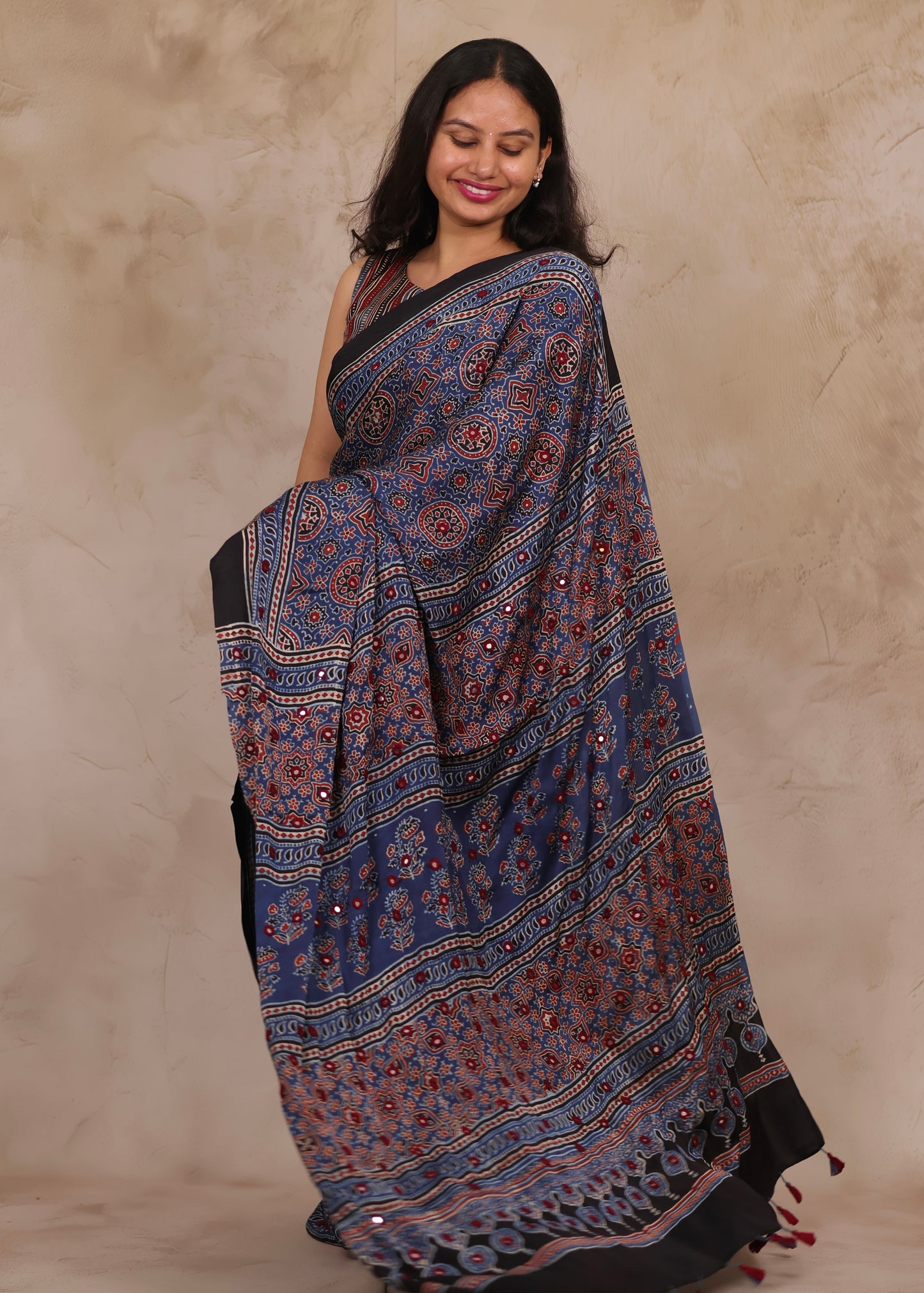 Indigo Handcrafted Ajrakh Modal Silk Saree with Authentic Banjara Mirror Work | Looms & Tassels