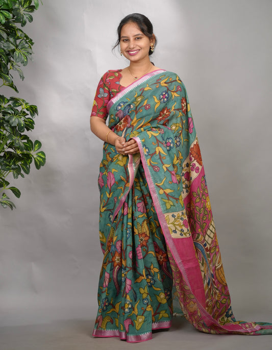 Blue Hand Drawn Pen  Mangalagiri Silk Saree | Looms & Tassels