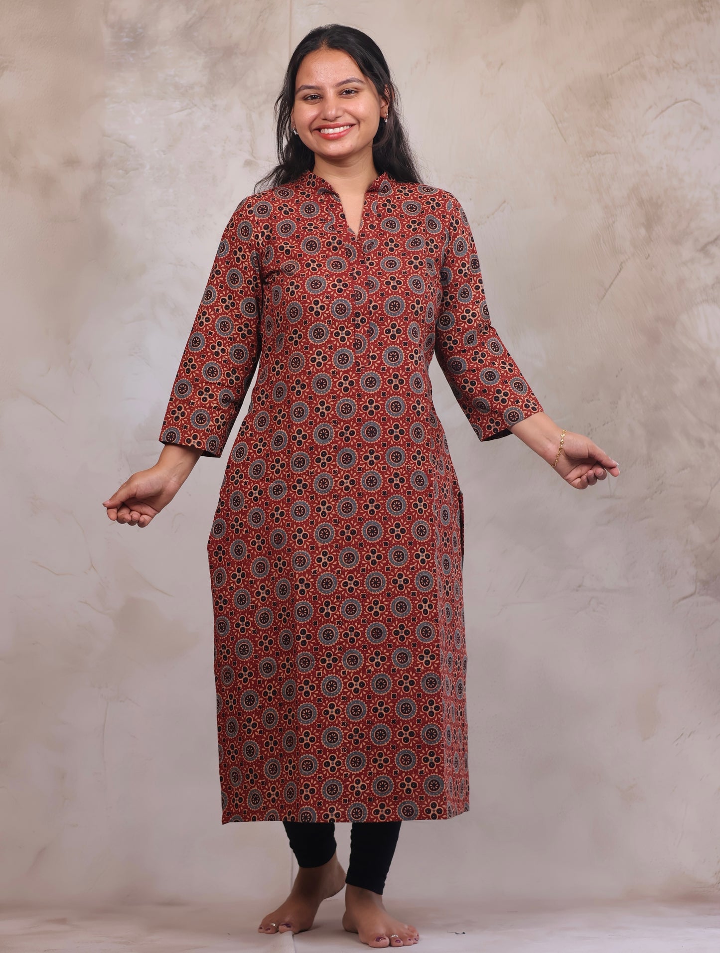 Red Ajrakh Hand Block Printed Kurti | Looms & Tassels