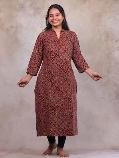 Red Ajrakh Hand Block Printed Kurti | Looms & Tassels