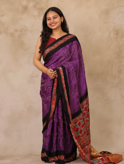 Violet Hand Knotted Bandhej Arakh Modal Silk Saree with Lagdi Pallu | Looms & Tassels