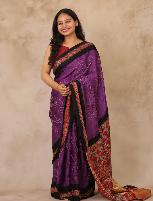 Violet Hand Knotted Bandhej Arakh Modal Silk Saree with Lagdi Pallu | Looms & Tassels