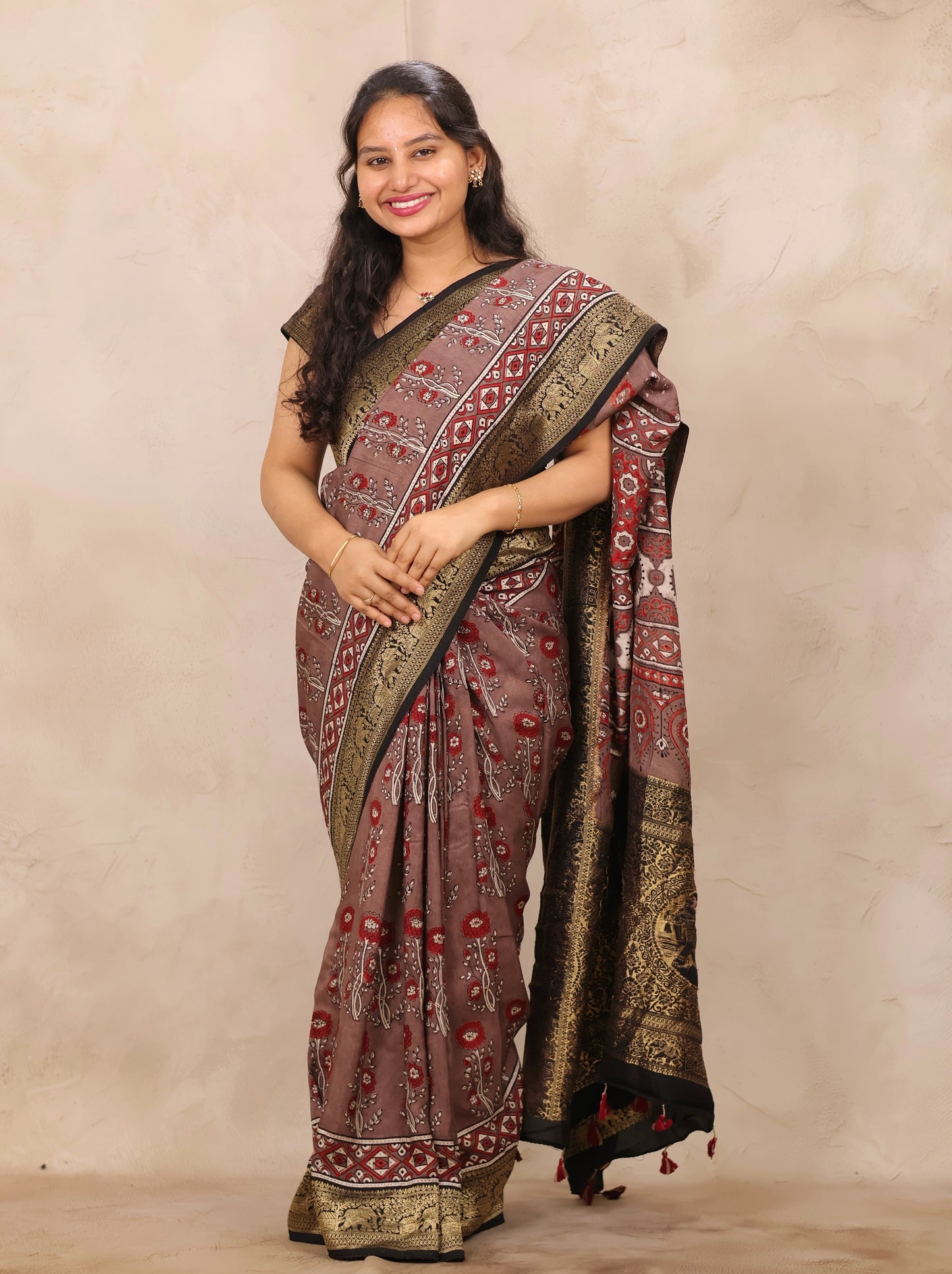 Dusty Brown Ajrakh Handblock printed Dola Silk Saree | Looms & Tassels