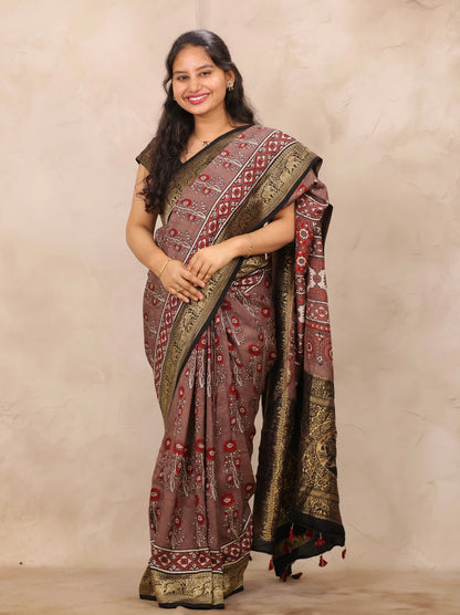 Dusty Brown Ajrakh Handblock printed Dola Silk Saree | Looms & Tassels