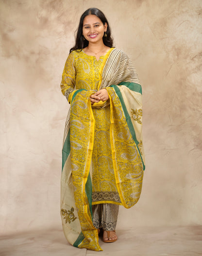 Yellow Handblock printed Pure Chenderi Silk 3 piece suit (stitched) |  Looms & Tassels