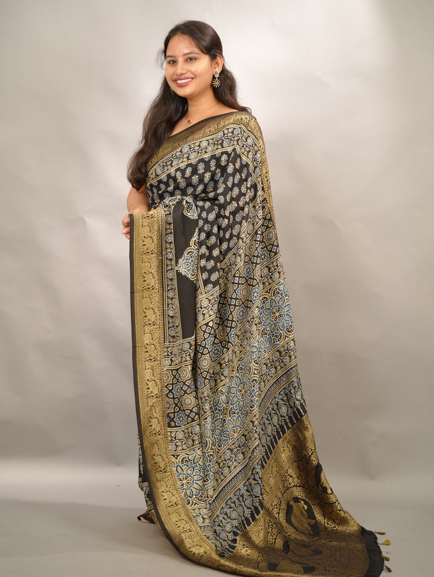 Ajrakh Handblock printed Dola Silk Saree | Looms & Tassels