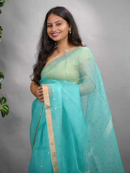 Ice Blue Handwoven Muslin Silk Saree With Sequence Work | Looms & Tassels