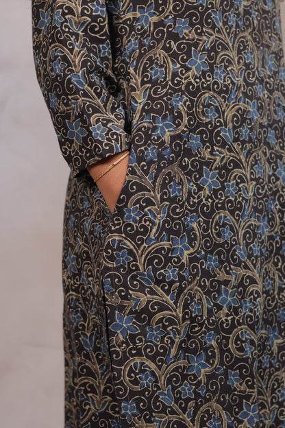 Grey Ajrakh Hand Block Printed Kurti | Looms & Tassels