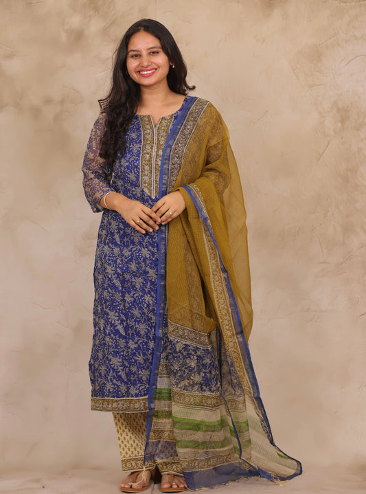 Blue Handblock printed kota 3 piece suit (stitched)