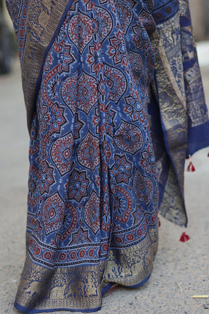 Ajrakh Dola Silk Saree