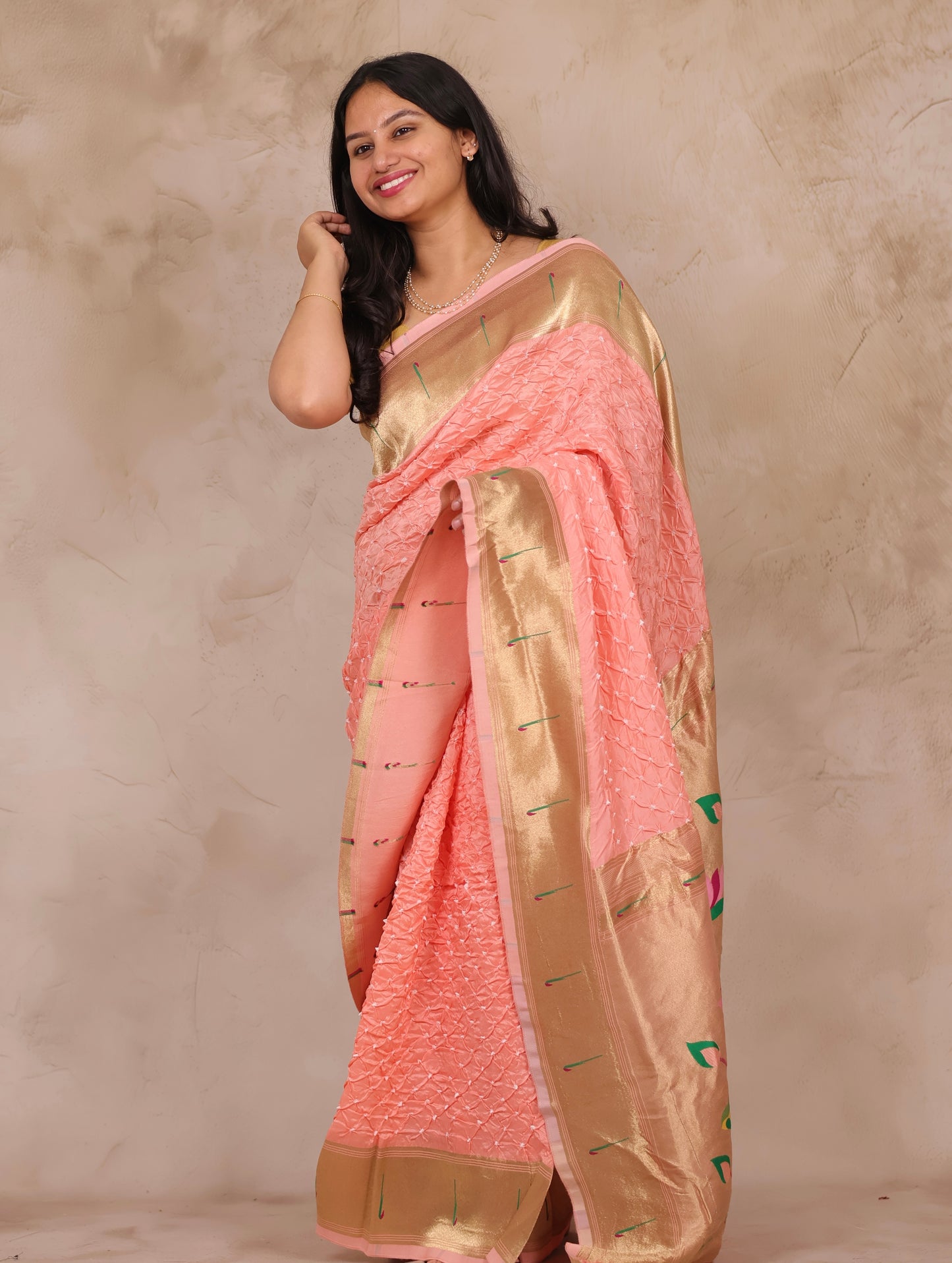 Pastel Handcrafted Bandhani Paithani Dola Silk Saree | Looms & Tassels
