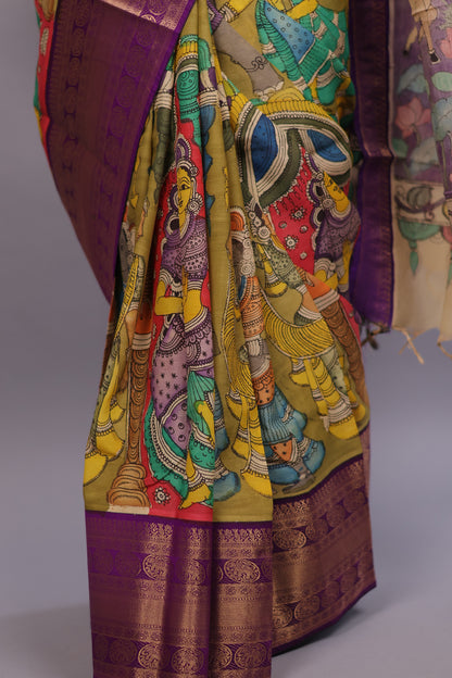 Mehendi Green Hand Painted Pen Kalamkari Silk Saree