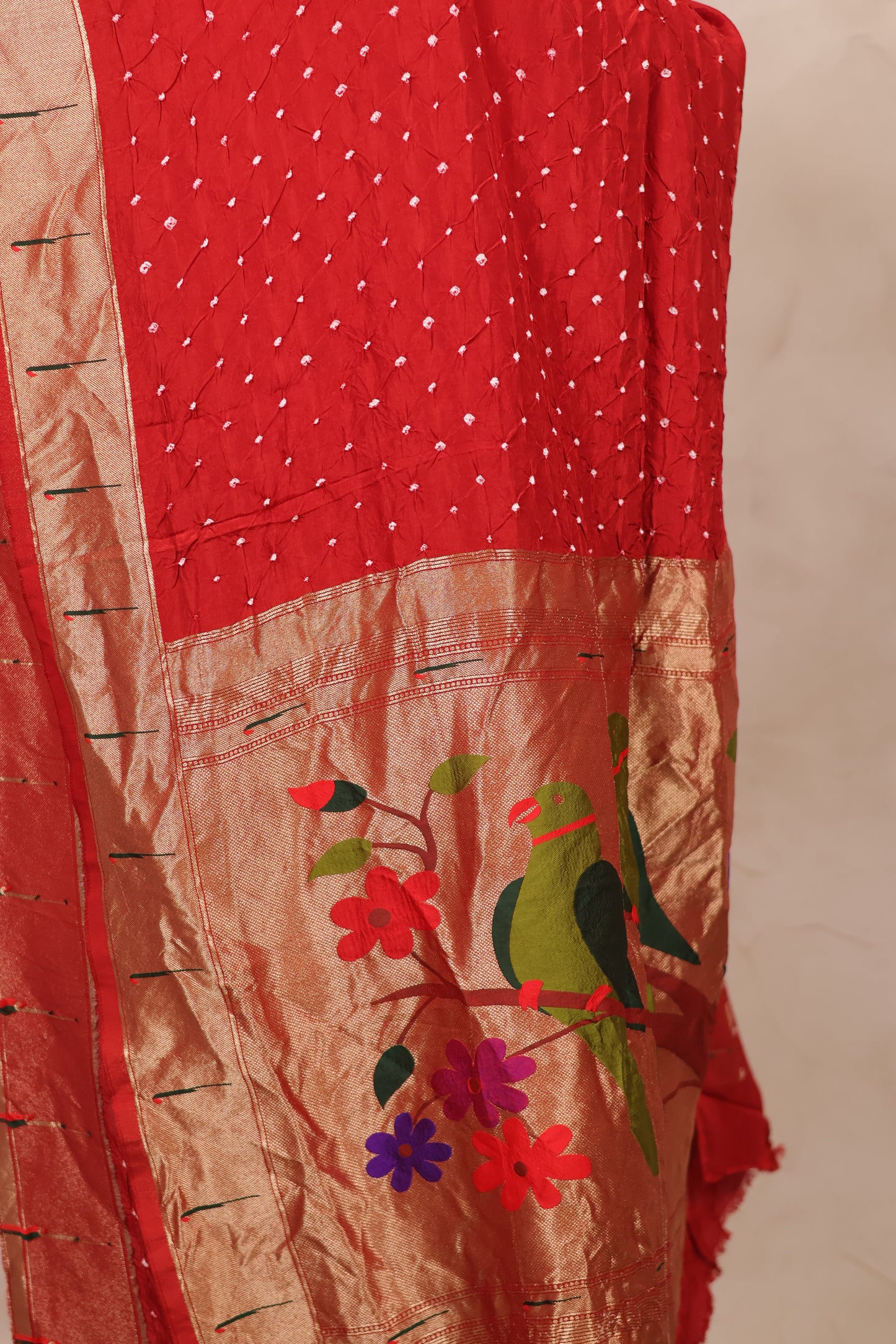 Red Handcrafted Bandhani Paithani Dola Silk Saree | Looms & Tassels