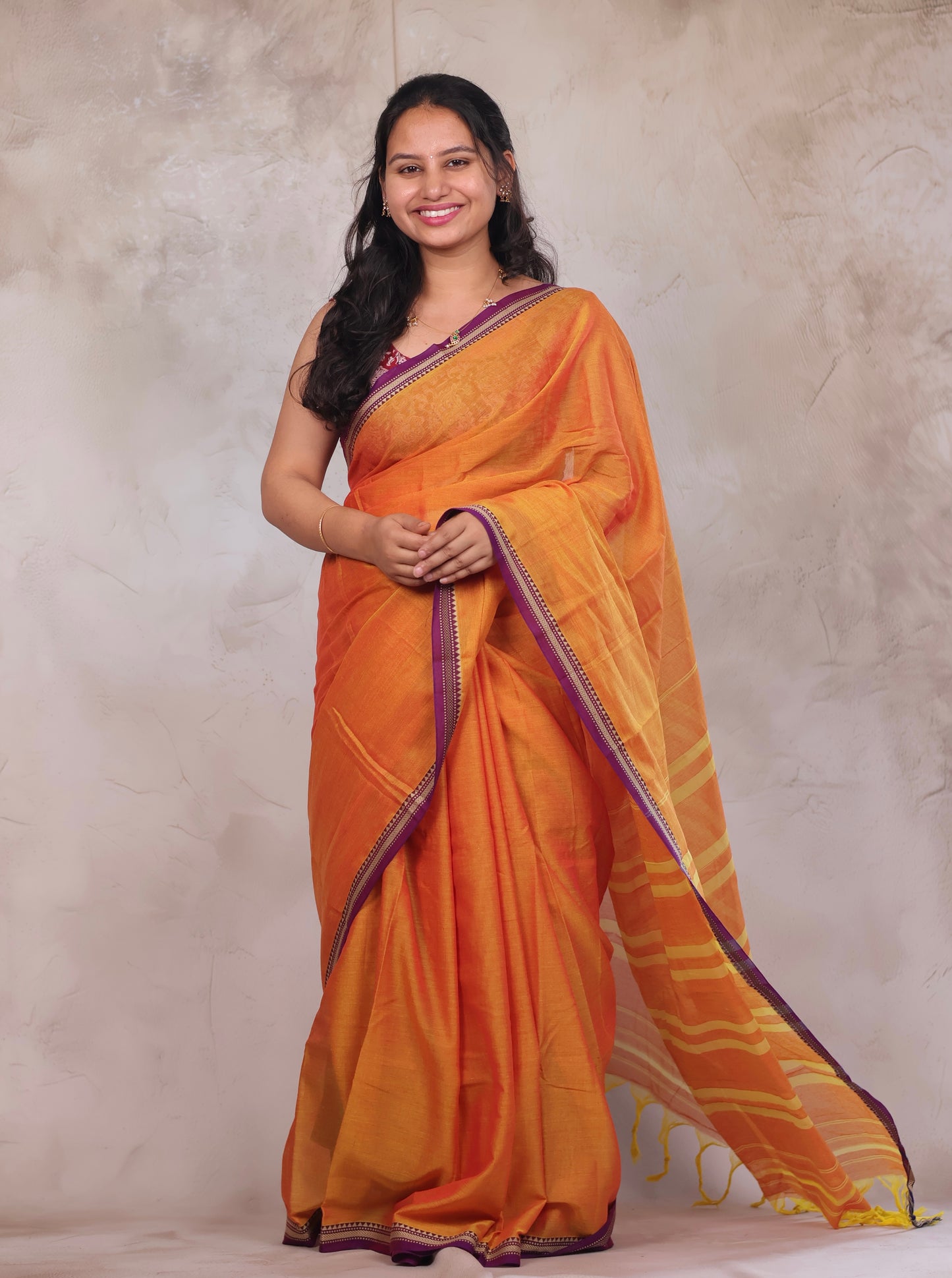 Orange Narayanpet Cotton Saree | Looms & Tassels