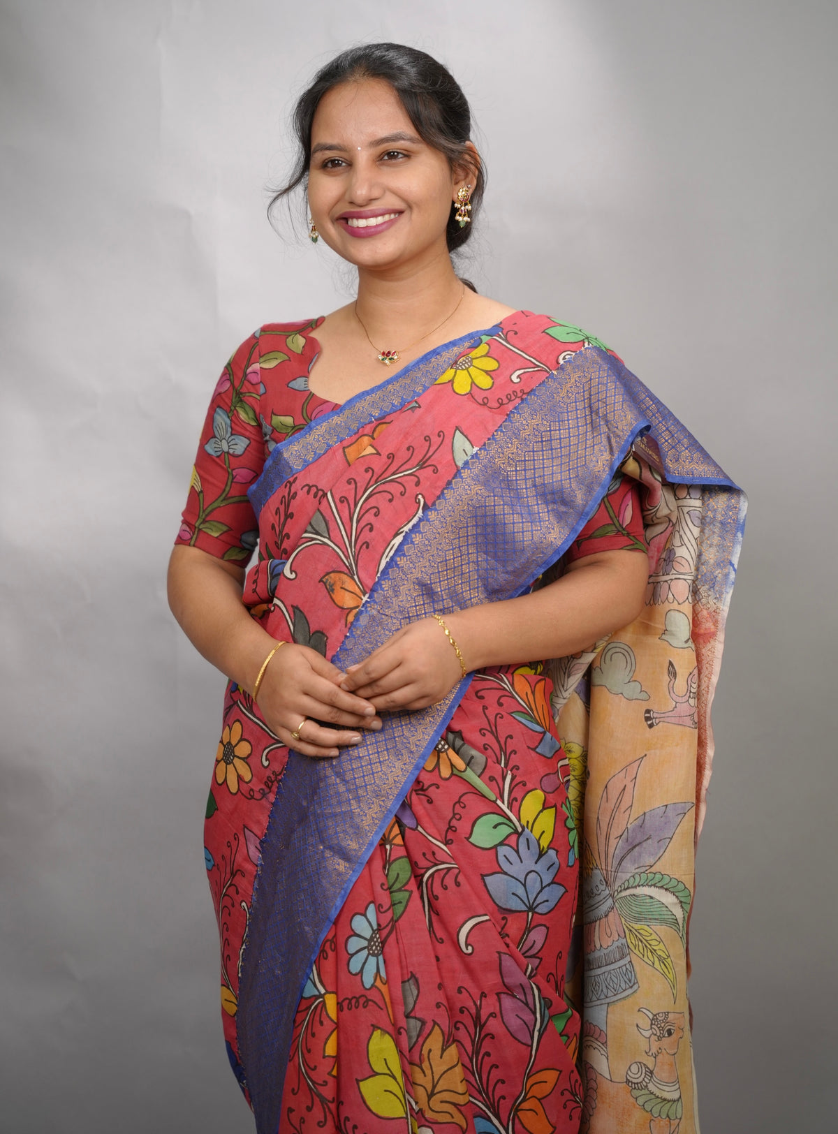 Pink Hand Drawn Pen Kalamkari Bangalore Silk Kanchi Border Saree | Looms & Tassels