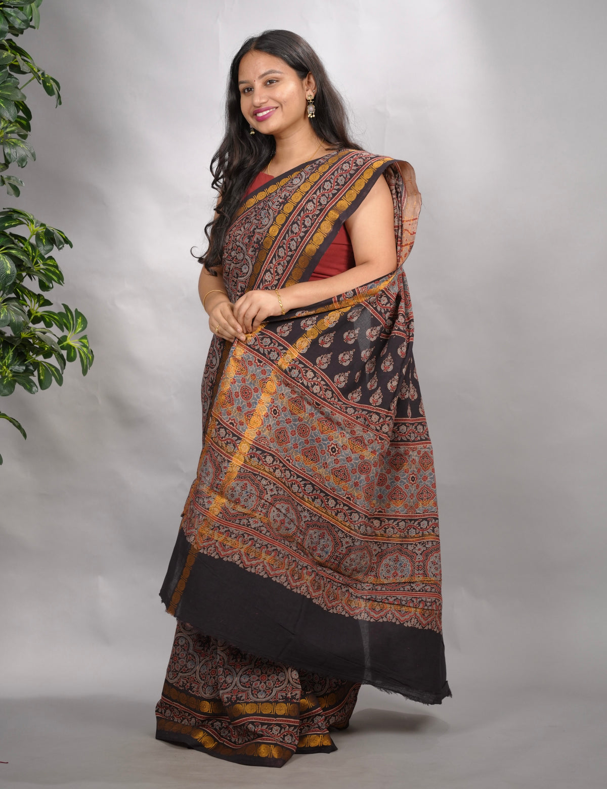 Black Ajrakh Hand Block Printed Sungudi Cotton Saree | Looms & Tassels