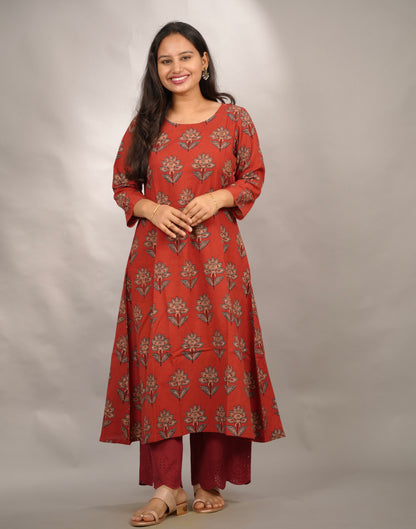 Red Ajrakh Hand Block Printed Pure Mul Cotton A-line Kurta | Looms & Tassels