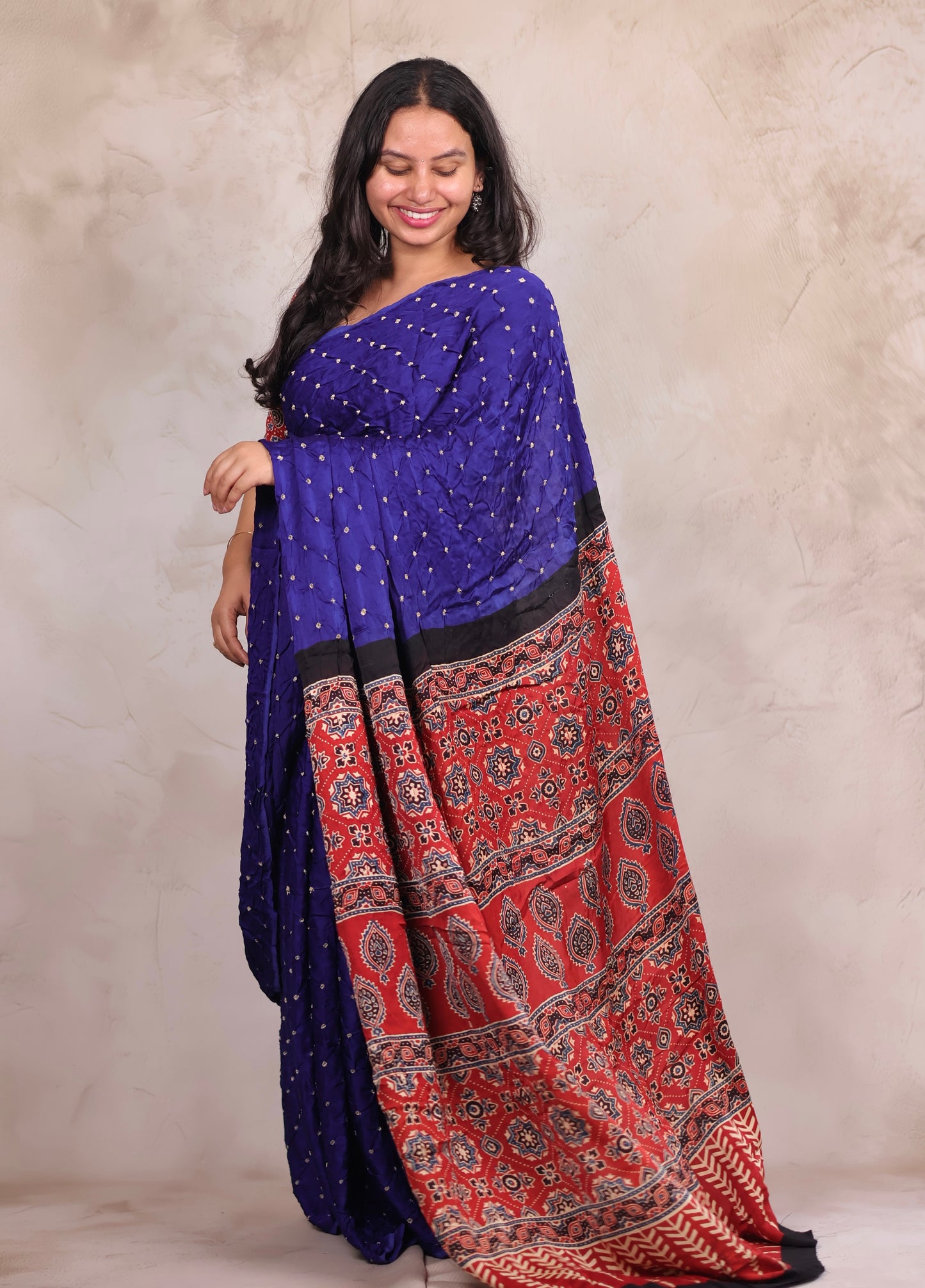 Royal Blue Hand Knotted Bandhej Modal Silk Saree with Ajrakh Pallu | Looms & Tassels