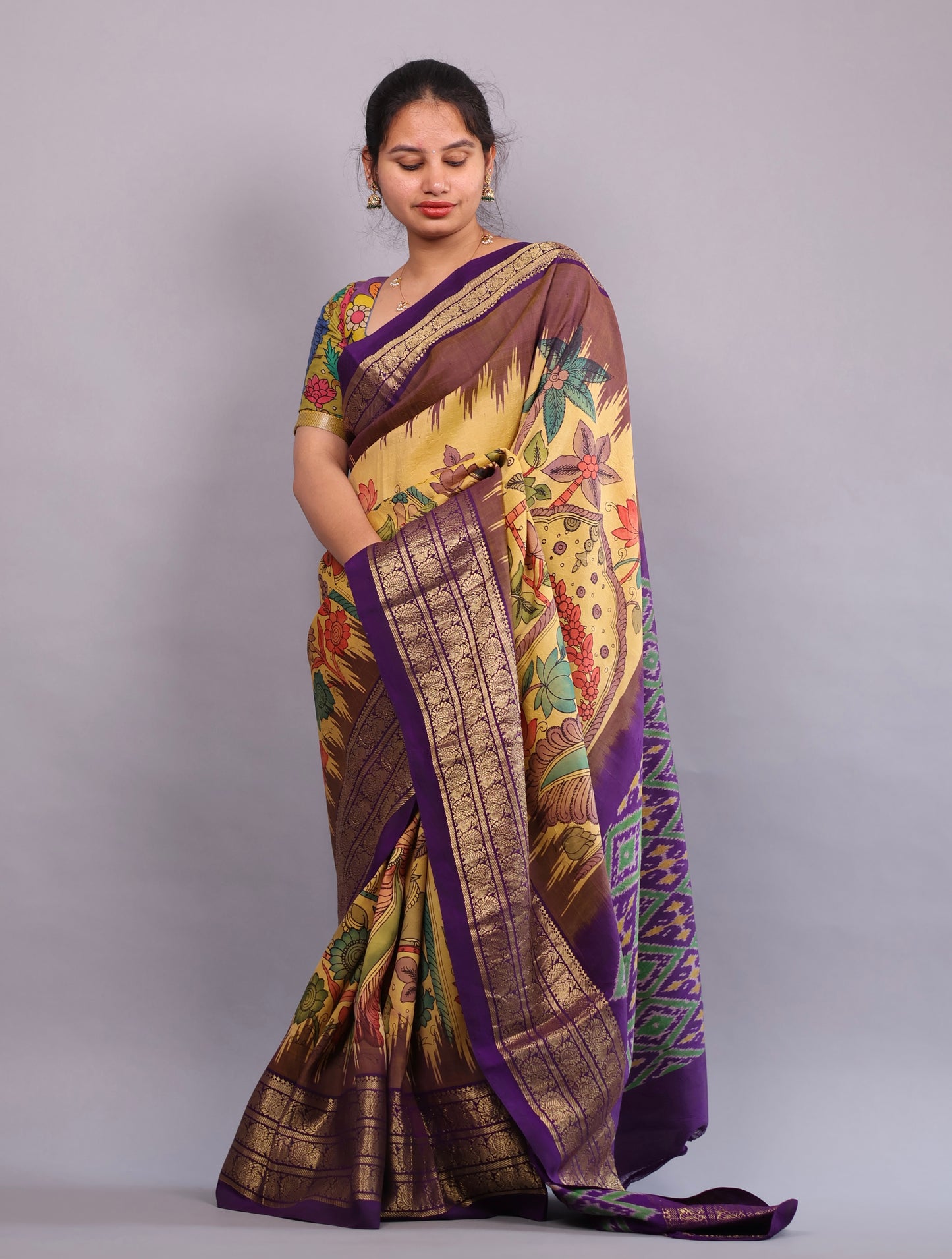 Yellow Kanchi Pattu Hand Painted Pen Kalamkari Saree