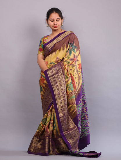 Yellow Kanchi Pattu Hand Painted Pen Kalamkari Saree