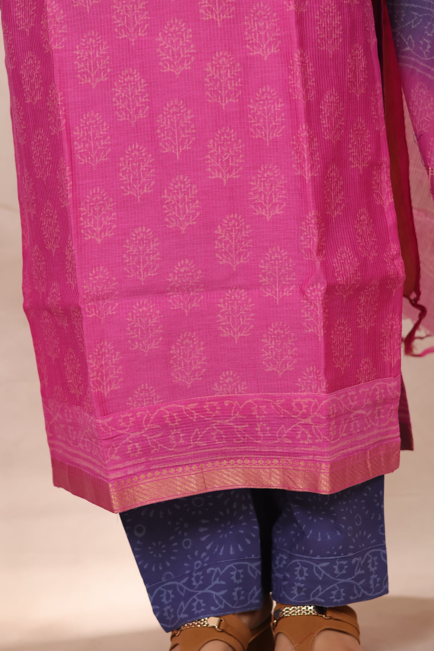 Pink & Blue Handblock printed Pure Maheswari Silk 3 piece suit (stitched)