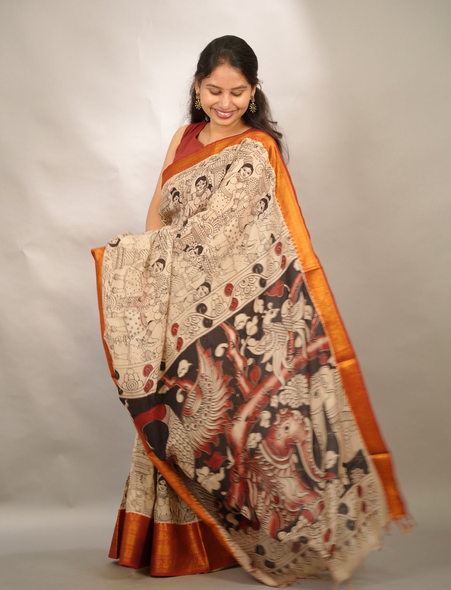 Cream Outline Kanchi border Kalamkari Chennur Silk Saree | Looms & Tassels