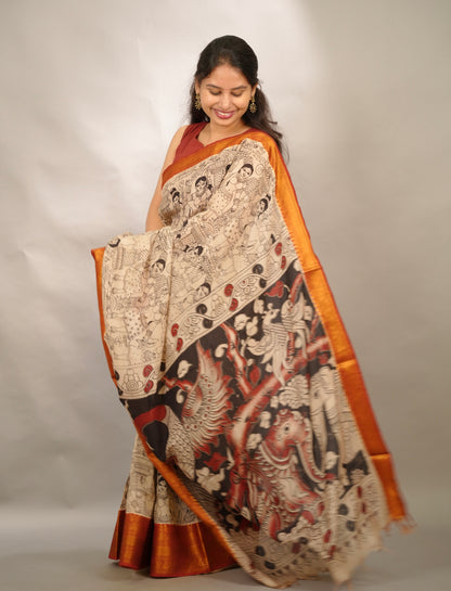 Cream Outline Kanchi border Kalamkari Chennur Silk Saree | Looms & Tassels