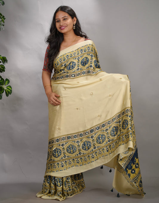 Off White Ajrakh Modal Silk Hand Embroidery Saree  | Looms & Tassels