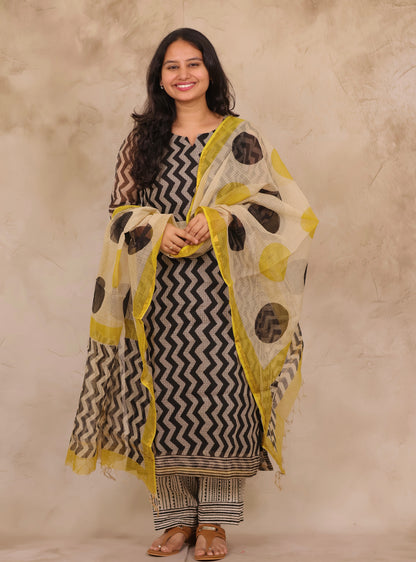 Black Contemporary Handblock printed kota 3 piece suit (stitched)