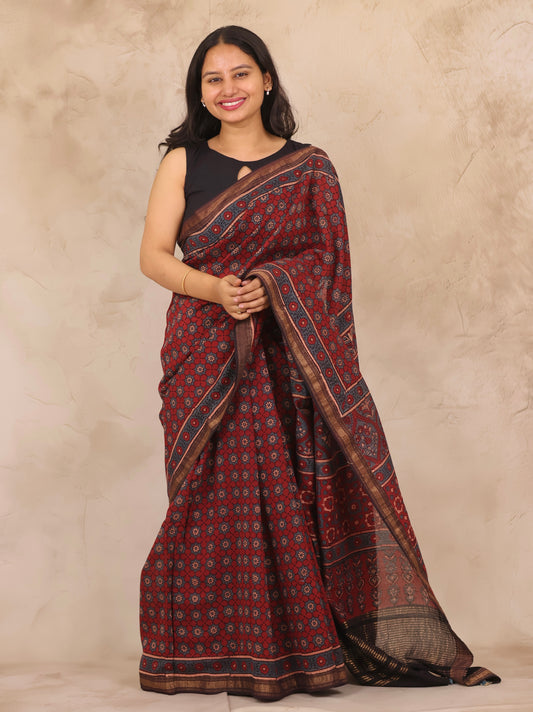 Maheswari Silk Cotton Ajrakh Handblock Printed Saree | Looms & Tassels