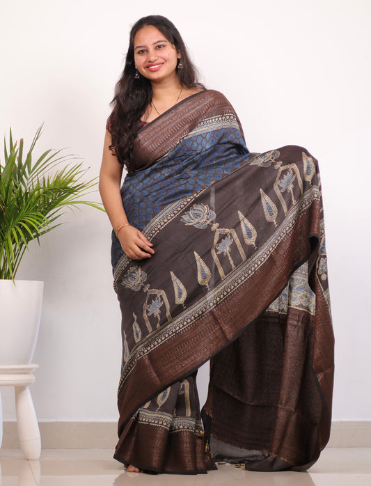 Indigo & Grey Chanderi silk Ajrakh Handblock Printed Saree