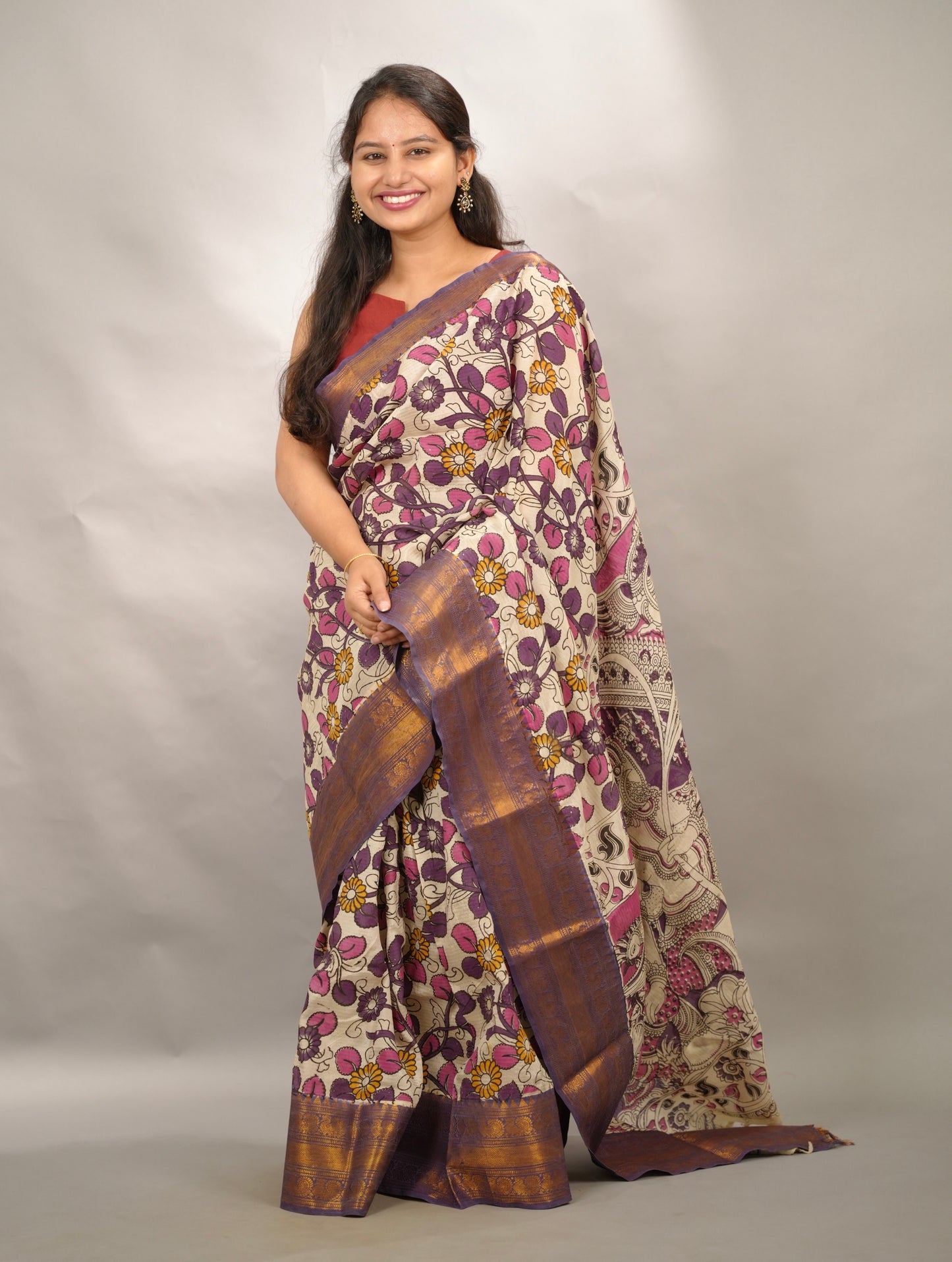 Off White Kanchi border Kalamkari chennur silk saree | Looms & Tassels