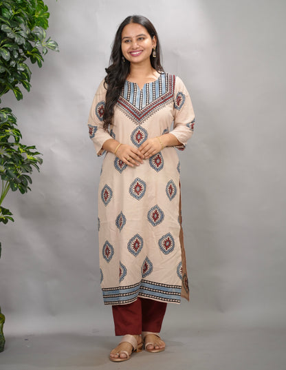 Cream Ajrakh Pattern Hand Block printed Kurti | Looms & Tassels
