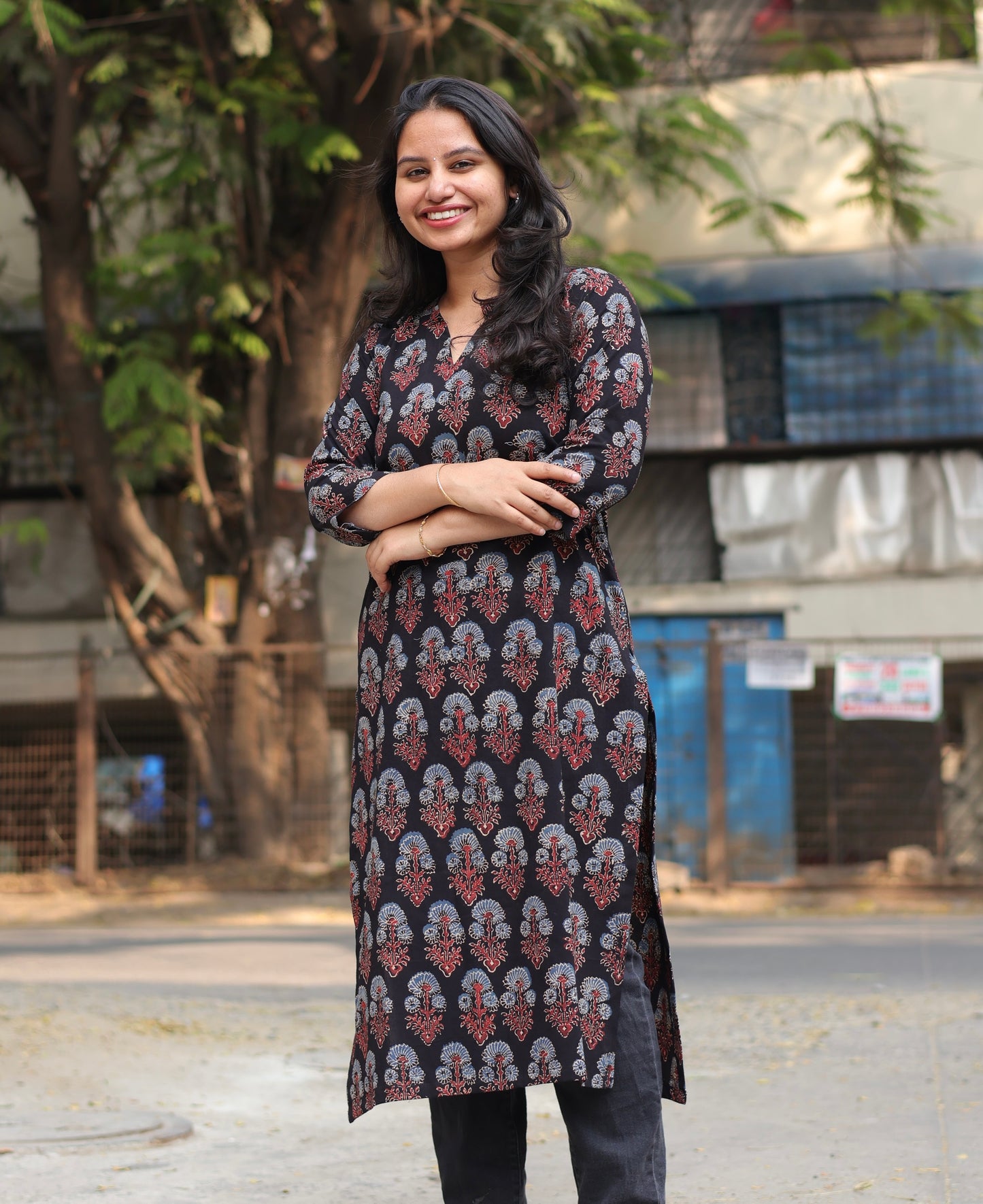 Collar Neck Ajrakh Hand Block Printed Kurti | Looms & Tassels