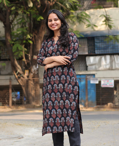 Collar Neck Ajrakh Hand Block Printed Kurti | Looms & Tassels