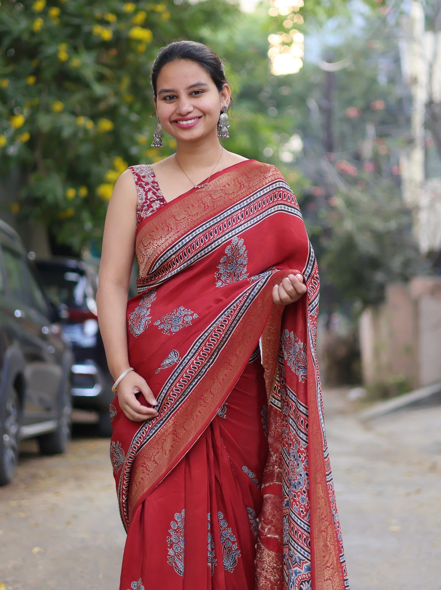 Red Ajrakh Dola Silk Saree